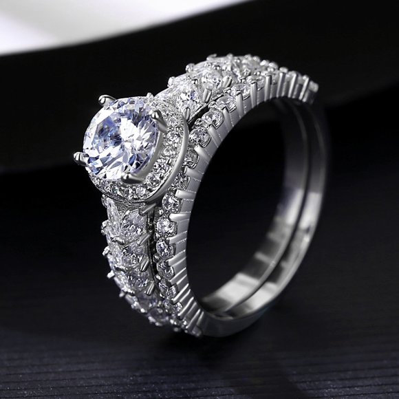 Luxury Rings 925 Wedding Ring Sets Sterling Silver Zirconia Wedding Jewelry - Picture 1 of 4